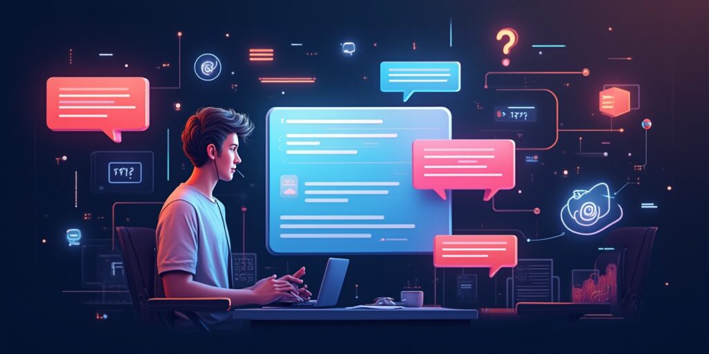 Imagem digital com painel de perguntas frequentes e personagem nerd explicando dúvidas sobre landing pages da Kintecks