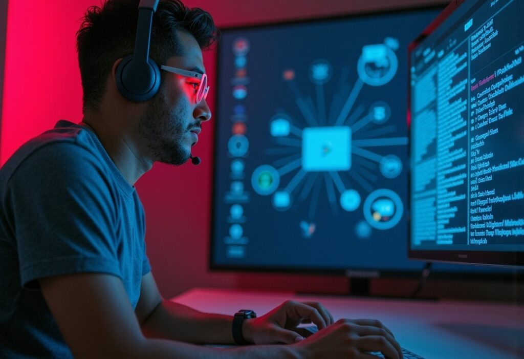 Profissional de tecnologia atendendo clientes com ícones digitais de contato flutuando, representando suporte técnico moderno da Kintecks