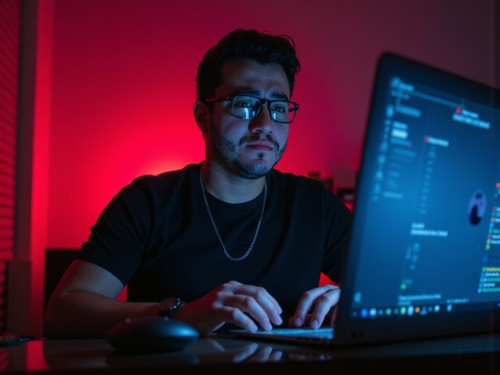alt="Avatar nerd da Kintecks em frente a um notebook, com ícones flutuando representando serviços digitais como sites, redes sociais, tráfego pago e produtos digitais"
