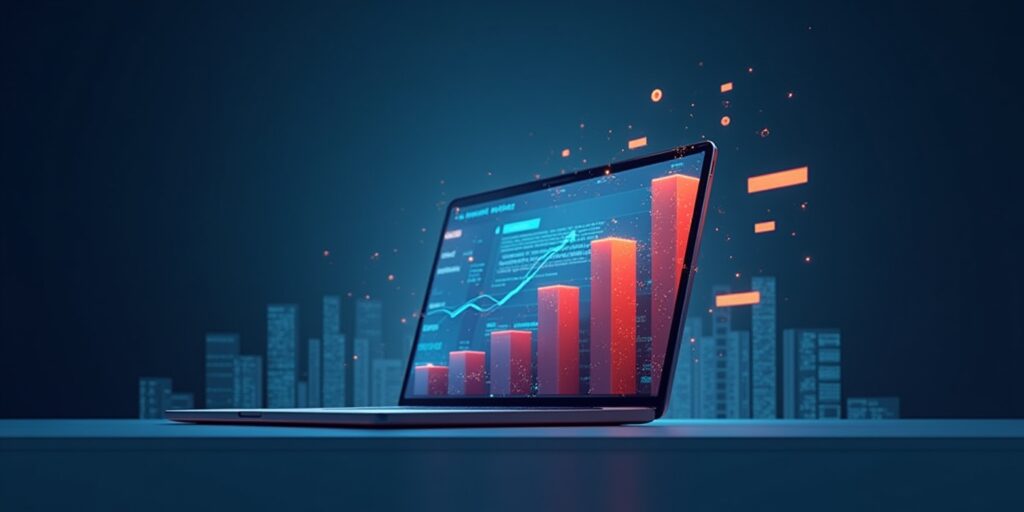 Gráfico de crescimento e elementos de SEO mostrando uma landing page otimizada para motores de busca como o Google