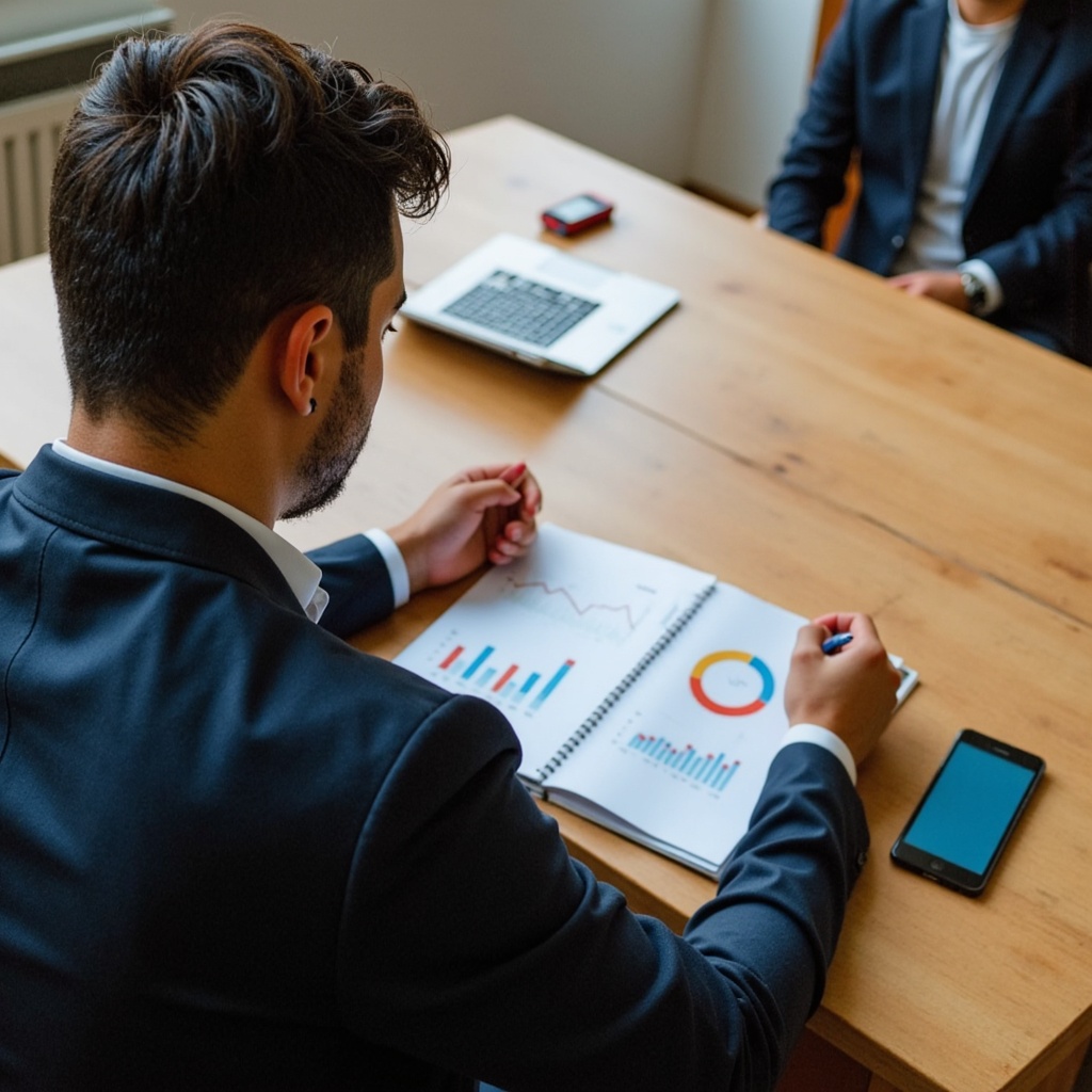 Profissional analisando gráficos e indicadores de tráfego em uma reunião de marketing digital