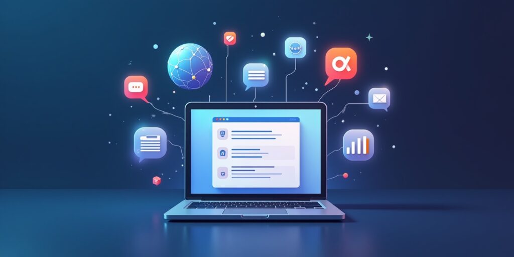 Elementos visuais representando os benefícios ao contratar uma landing page com a Kintecks, incluindo domínio, hospedagem, suporte, design e tráfego pago