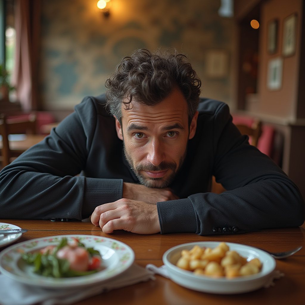 Homem triste sentado em uma mesa de jantar, com balões de pensamento mostrando uma mulher. Ilustração divertida que compara tráfego sem Landing Page a marcar um encontro sem mandar a localização.